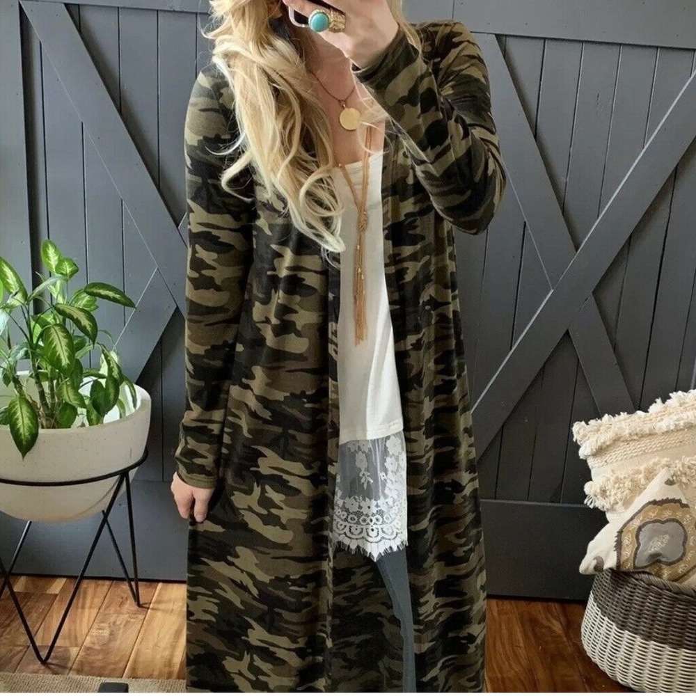 Camouflage Long Sleeve Cardigan Maxi Duster